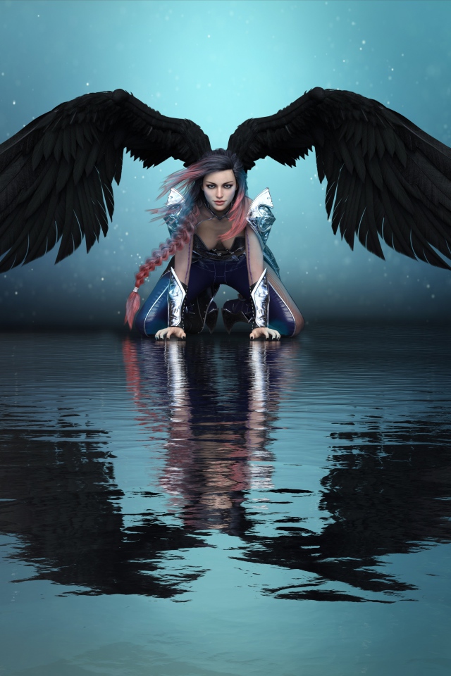 Fantastic girl angel with black wings is reflected in the water