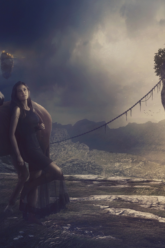 Девушка в черном платье с лошадью на фантастической планете