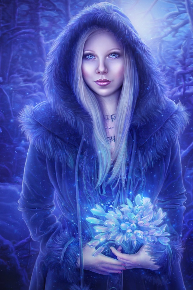 Девушка с букетом цветов в неоновом свете в лесу 