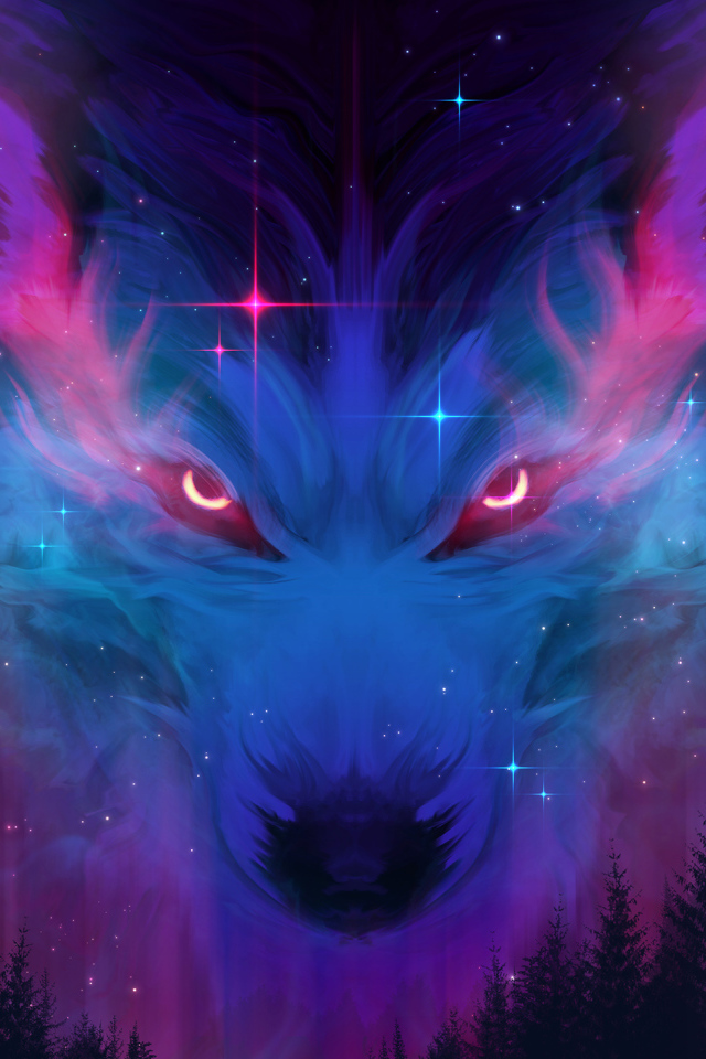 Неоновый волк в облаках над лесом