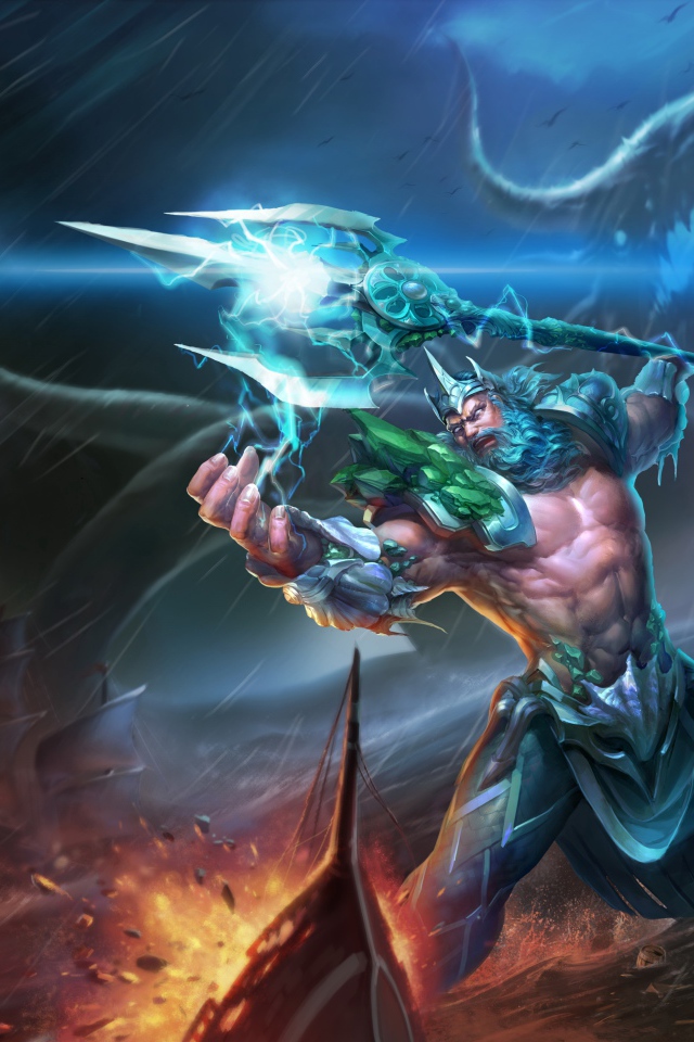 Грозный царь Посейдон в море с трезубцем