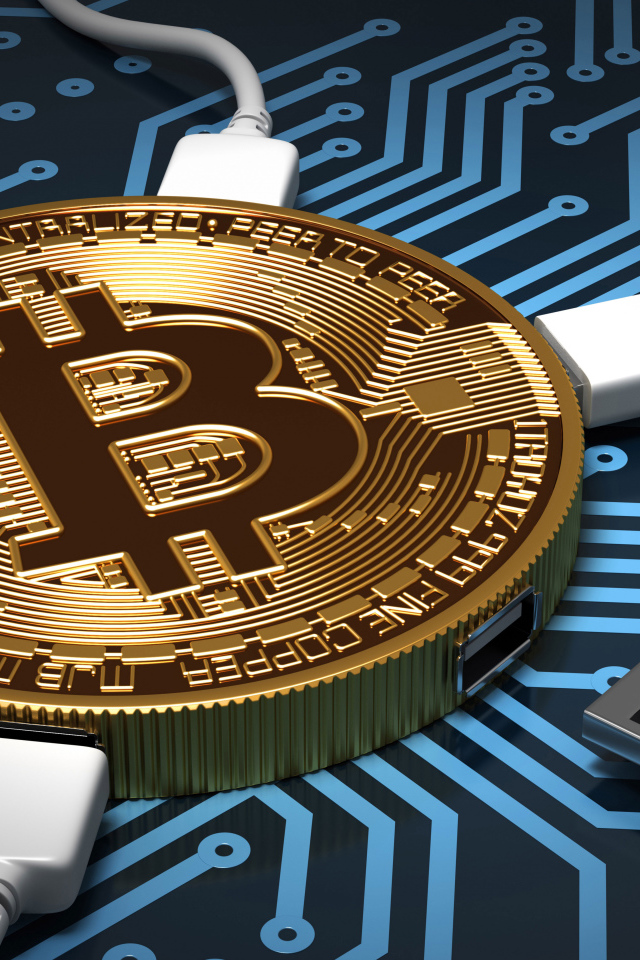 Кабель USB подключен к монете биткоин