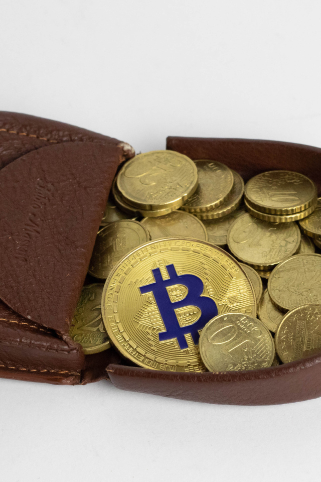 Кожаный кошелек с монетами на сером фоне