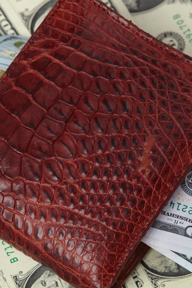 Кожаный кошелек с долларовыми купюрами