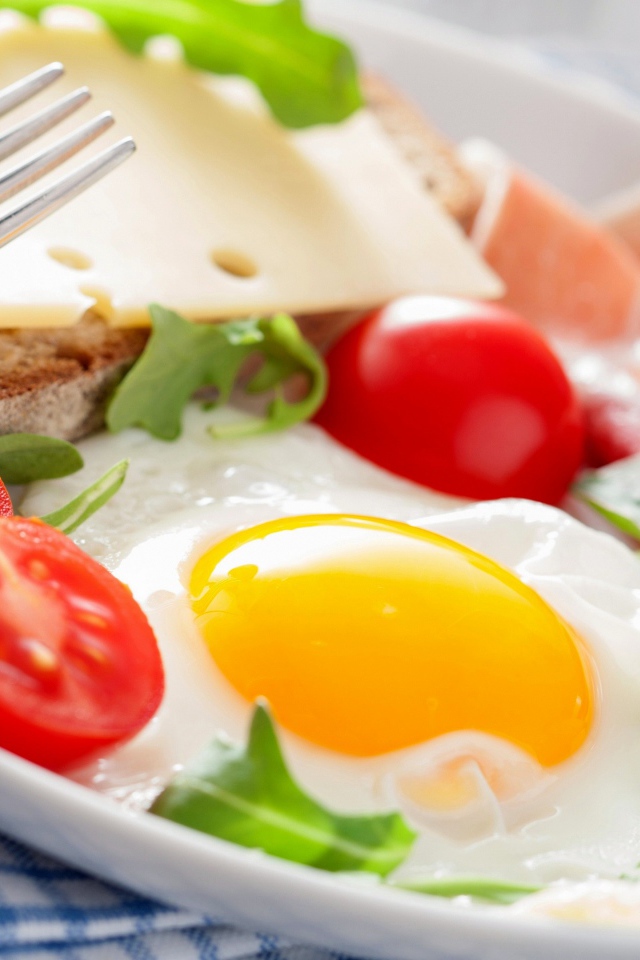 Яичница с помидорами на тарелке с ветчиной и бутербродом