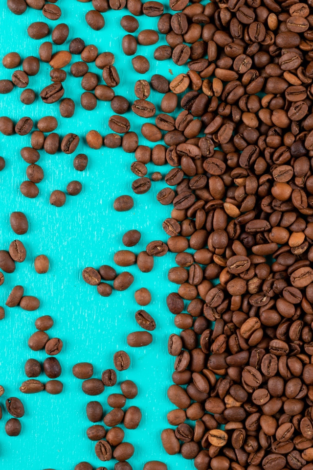 Много обжаренных кофейных зерен на голубом фоне