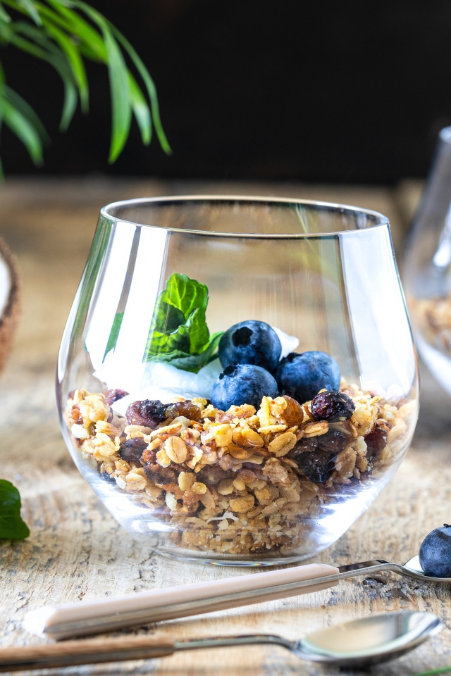 Мюсли с ягодами черники на столе с кокосом