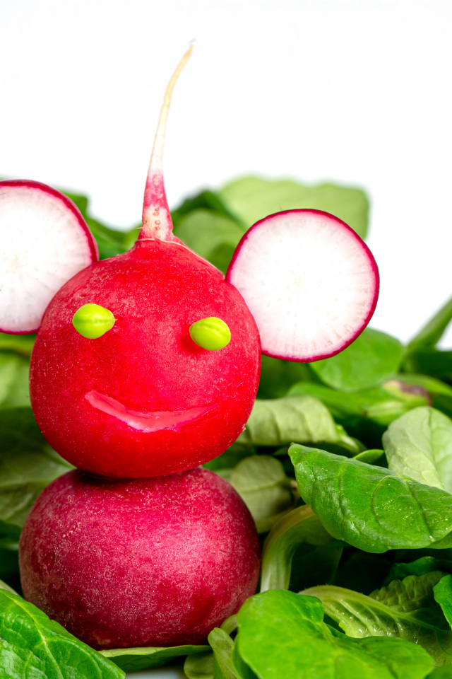 Зверь из красного редиса на листьях базилика 