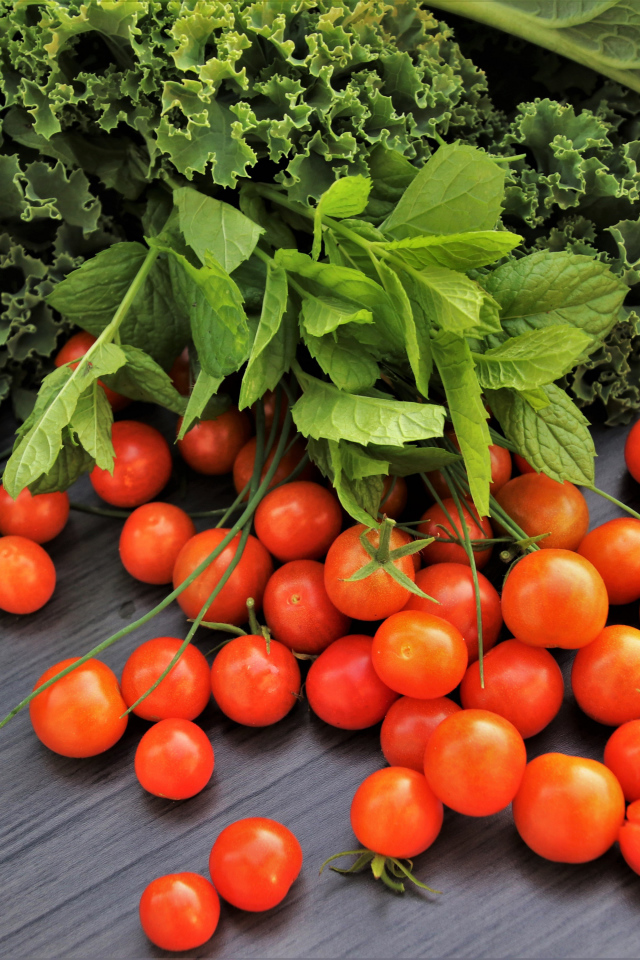 Красные мелкие помидоры на столе с зеленью 