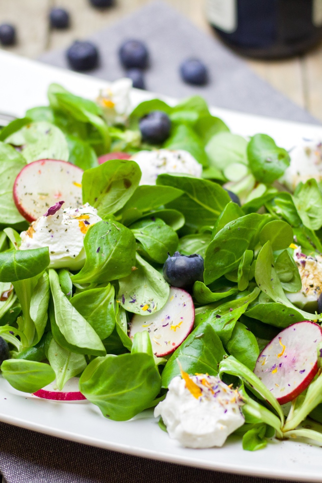 Салат с редисом, базиликом, сыром и ягодами черники 