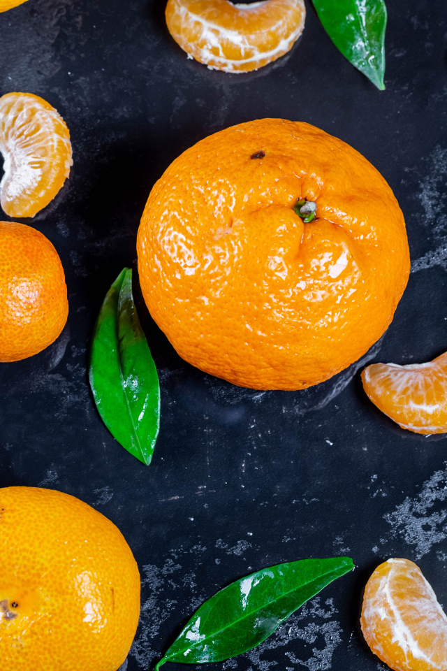 Оранжевые мандарины на мокрой поверхности 