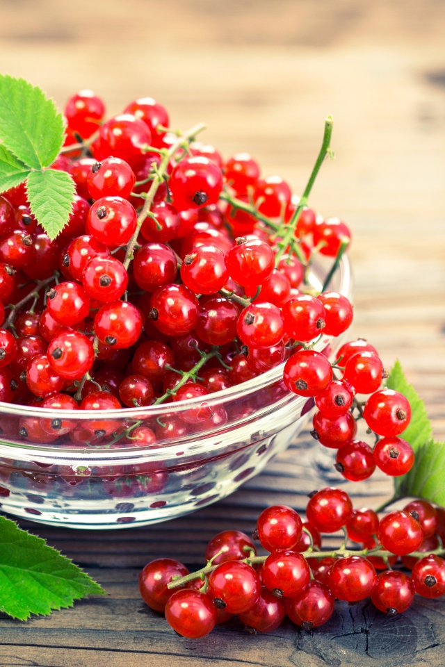 Красная смородина в стеклянной миске на столе 