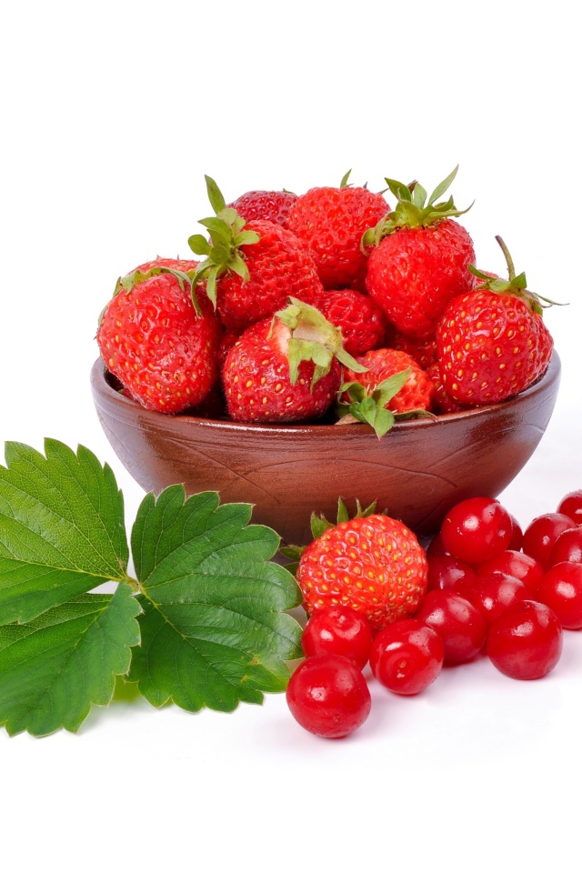 Красная клубника на белом фоне с ягодами китайской вишни 
