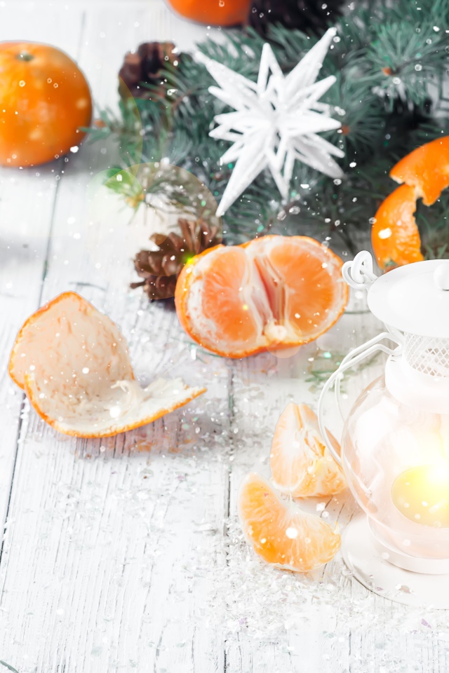 Мандарины и еловая ветка на столе с лампой