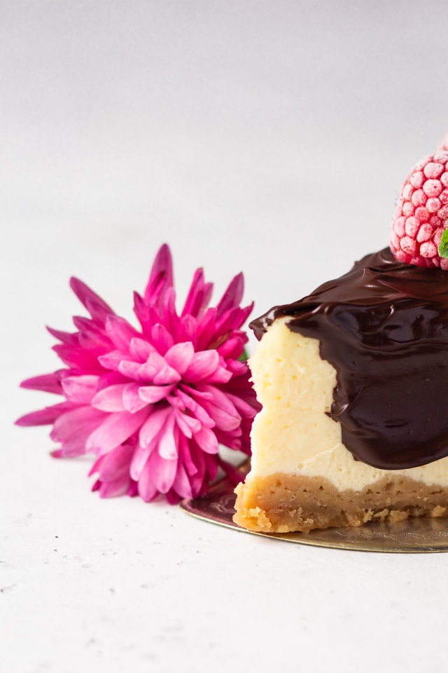 Кусок чизкейка с шоколадом на столе с малиной и цветком