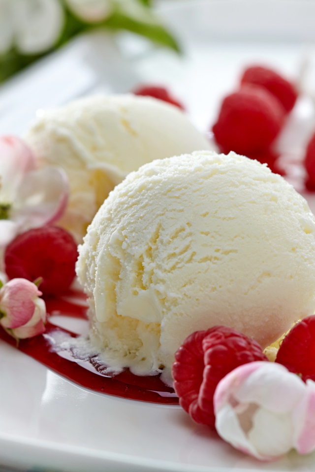 Шарики сливочного мороженого на тарелке с малиной и цветами