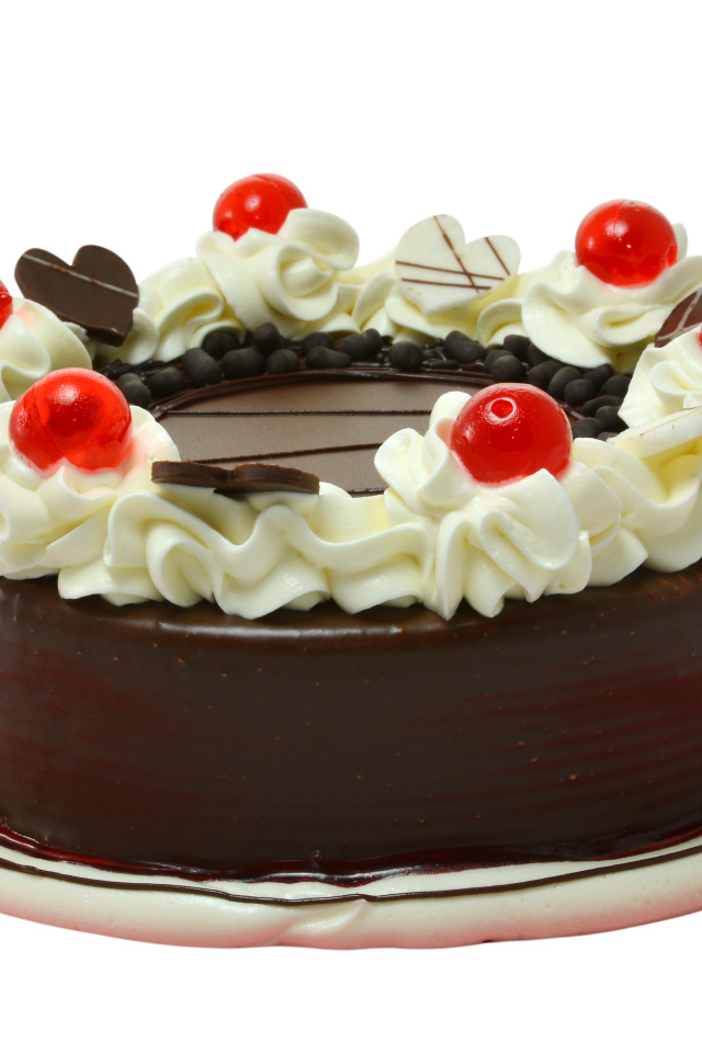 Торт в шоколаде украшен сливками на белом фоне