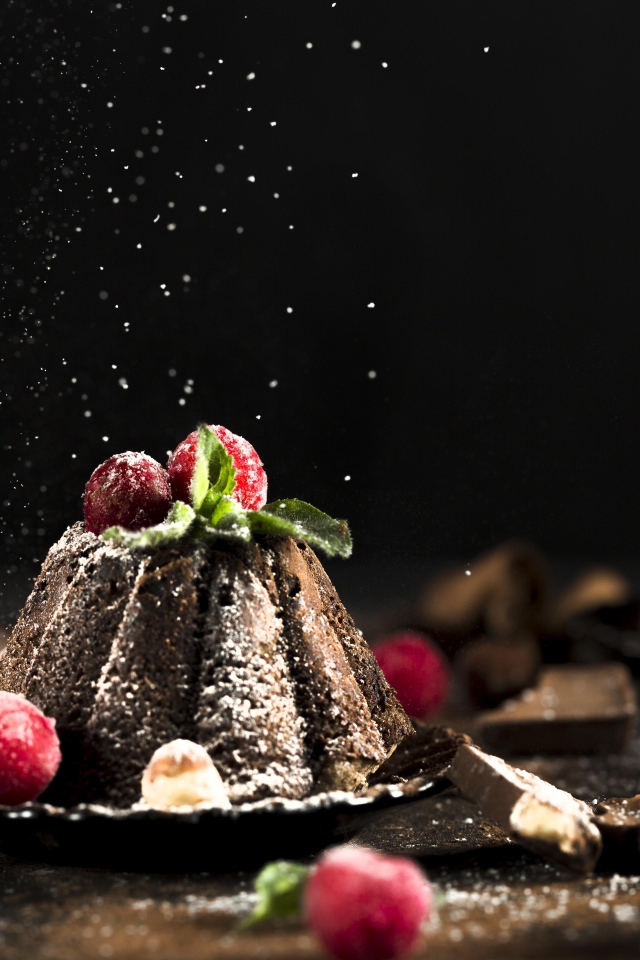 Шоколадный десерт на столе с ягодами клюквы 