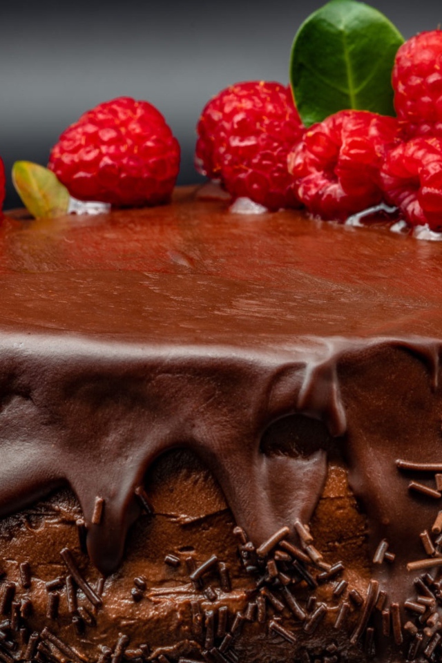 Пирог с кремом и шоколадом украшен малиной