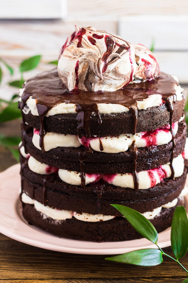 Вкусный шоколадный торт с кремом на столе 