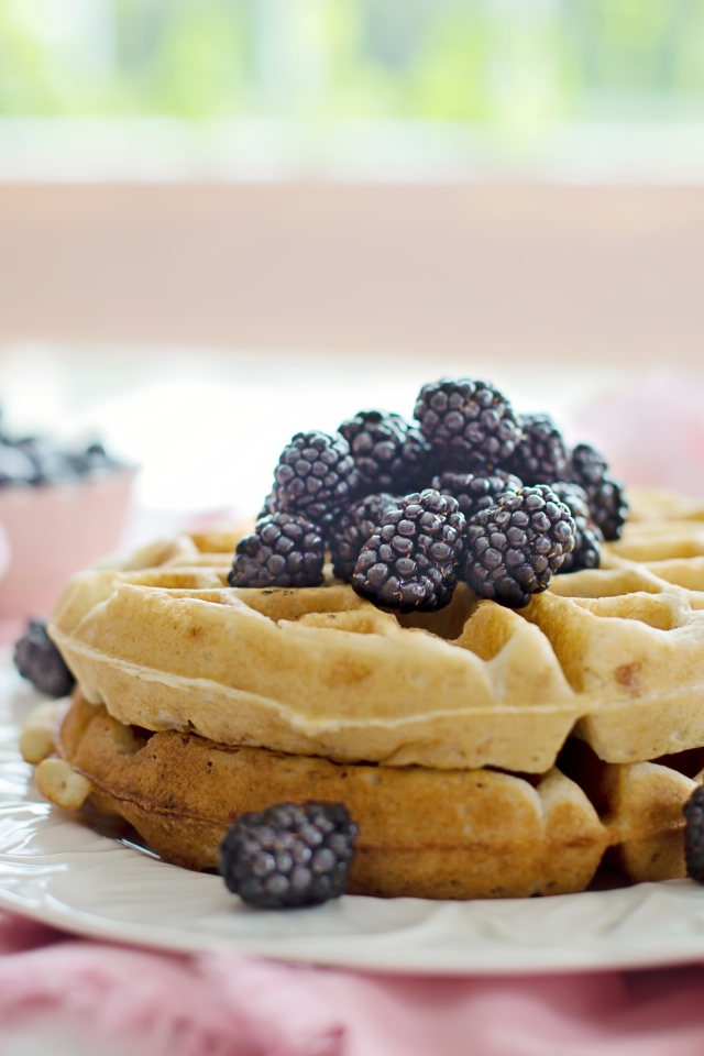 Сладкие вафли на тарелке с ягодами черники 