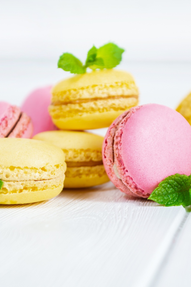 Yellow and pink macaroon dessert on a white background with mint