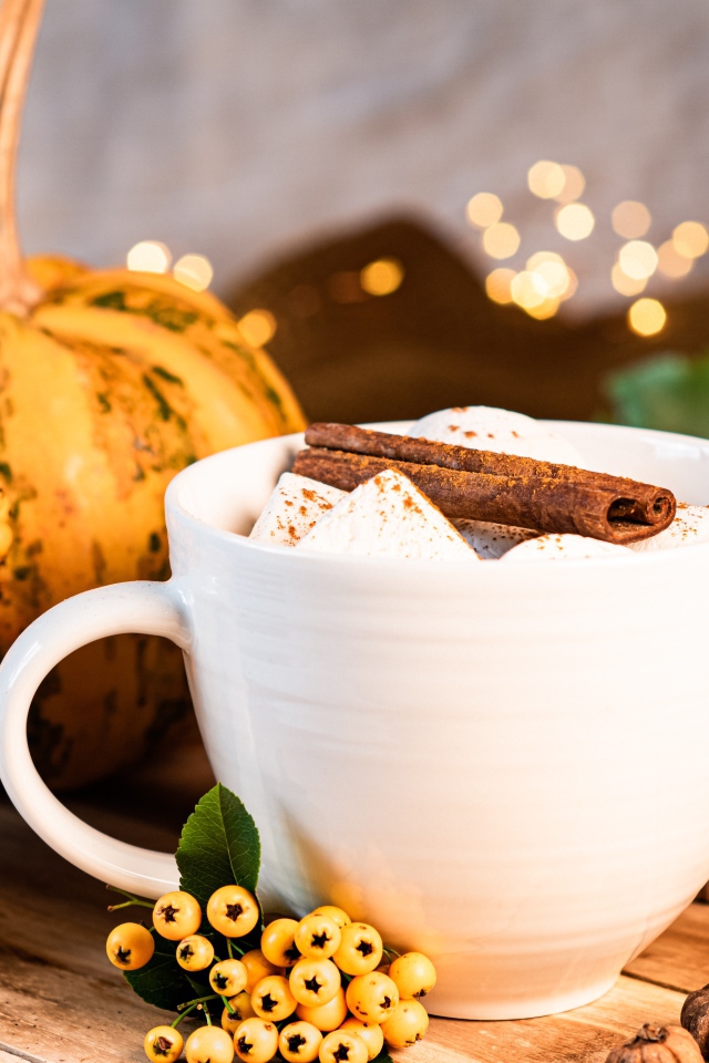 Чашка горячего маршмеллоу с корицей на столе с тыквой и шишками