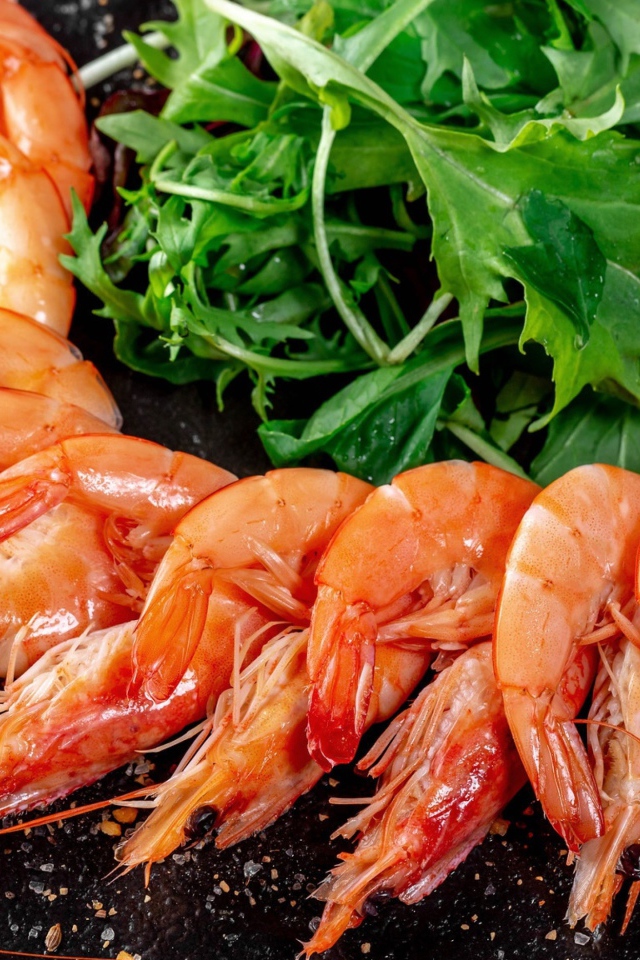 Boiled shrimp on a table with arugula greens