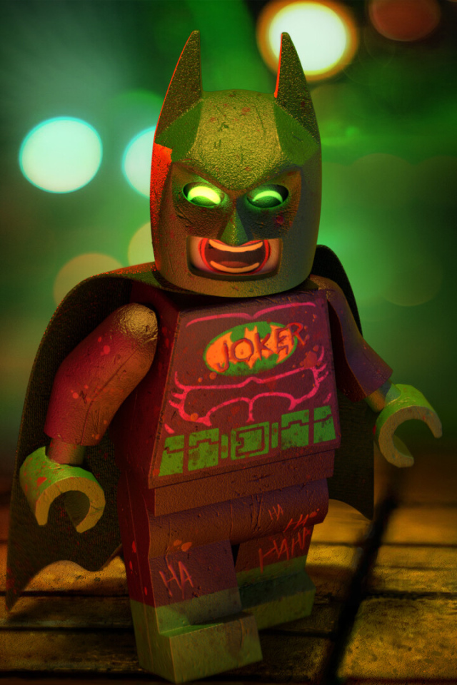 Lego Joker character in Batman mask close up
