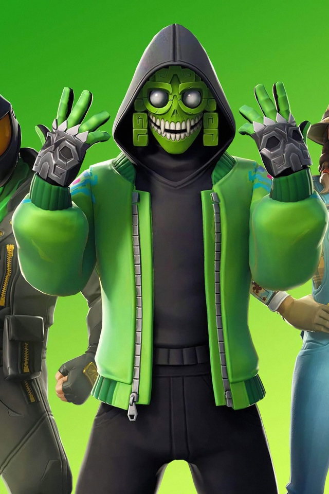 Персонажи компьютерной игры Fortnite 2 на зеленом фоне