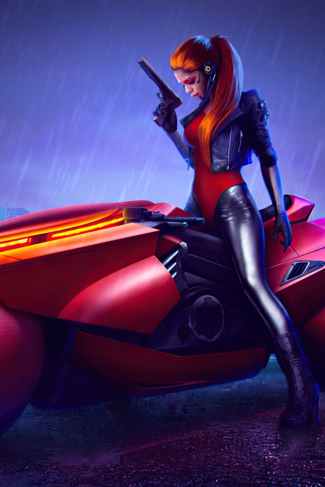 Девушка на фантастическом мотоцикле из видеоигры Cyberpunk