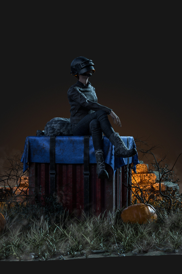 Персонаж компьютерной игры PUBG сидит на коробке 