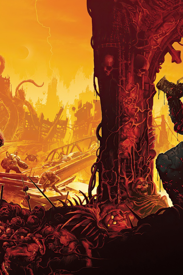 Солдат и монстры из компьютерной игры Doom Eternal, 2020