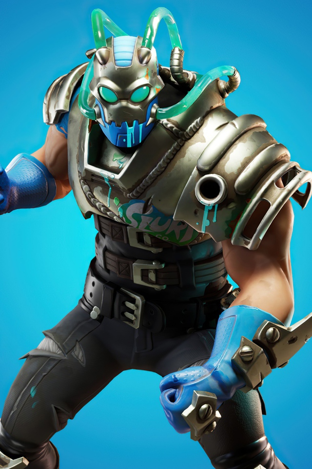 Воин выбирает оружие в игре Fortnite на голубом фоне