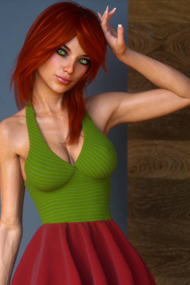 Рыжеволосая 3д девушка у стены