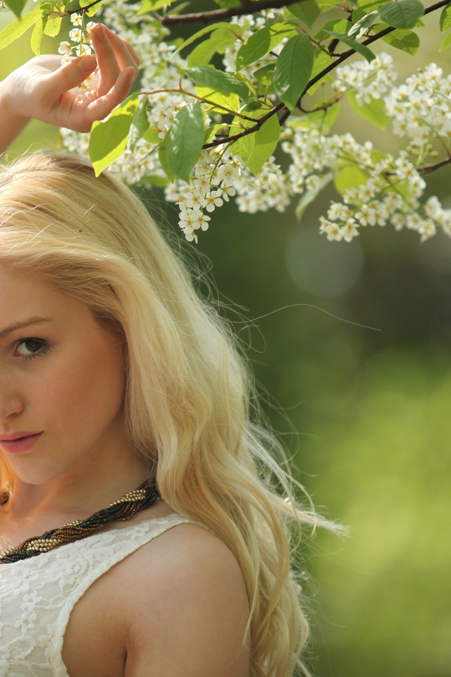 Красивая блондинка у ветки с белыми цветами