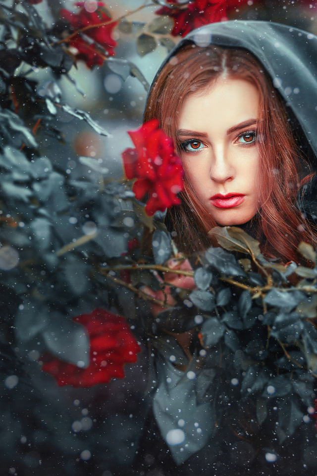 Девушка в черном плаще у  куста роз 