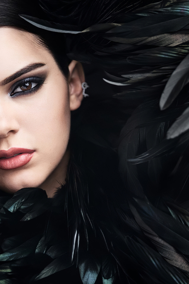 American model Kendall Jenner in black feathers
