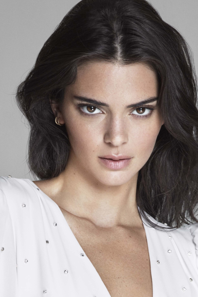 Взгляд брюнетки Кендалл Дженнер на сером фоне