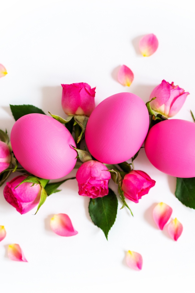 Pink colored eggs with roses on a white background for Easter