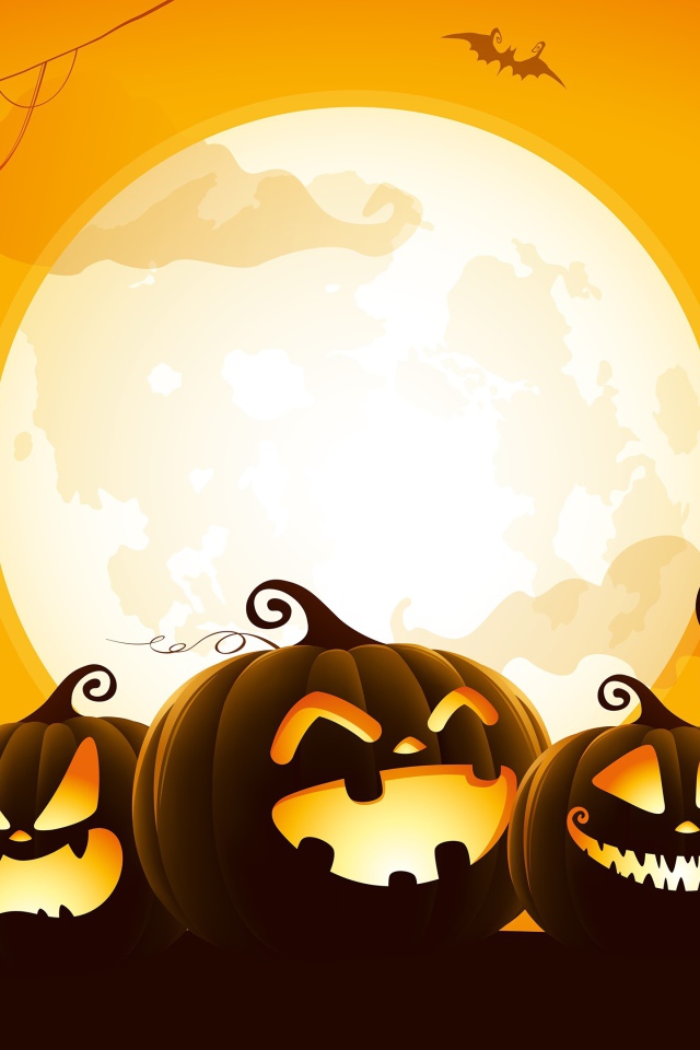 Тыквы на фоне желтой луны на Хэллоуин