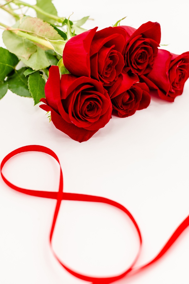 Букет красных роз и цифра 8 из атласной ленты на белом фоне