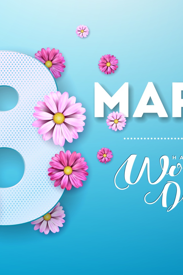 Открытка на голубом фоне на Международный женский день 8 марта