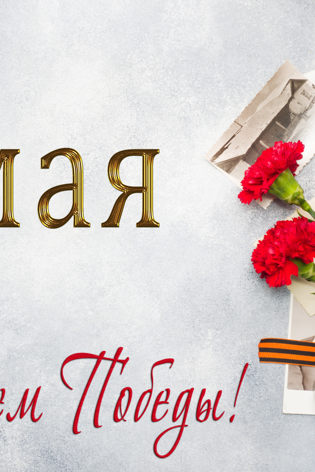 Георгиевская лента, букет красных гвоздик и старые фото, открытка на День Победы 9 мая