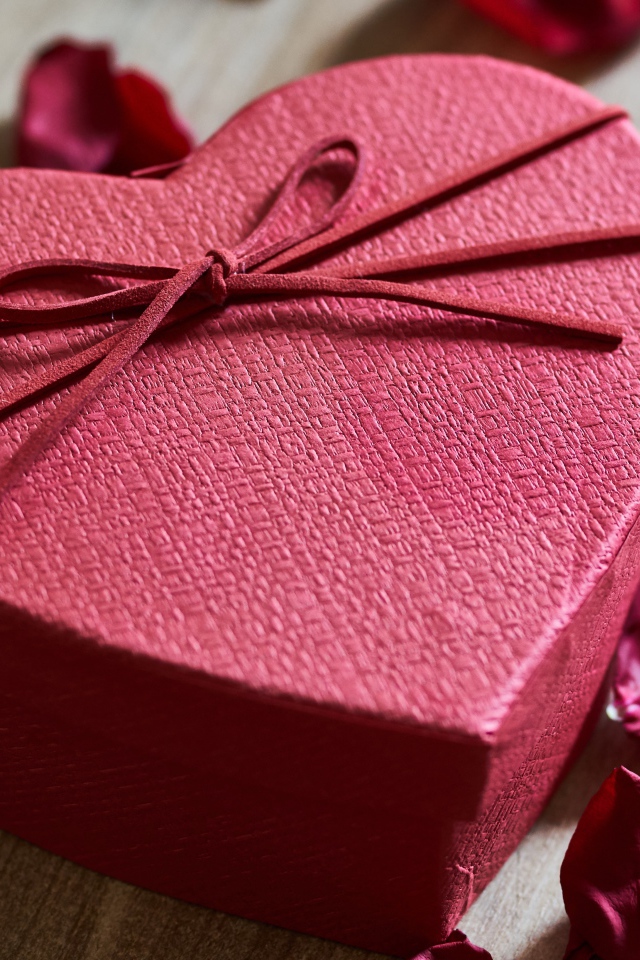 Большая красная коробка в форме сердца на столе с лепестками роз