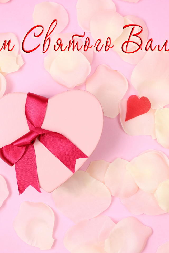 Подарок и лепестки розовой розы открытка С Днем Святого Валентина