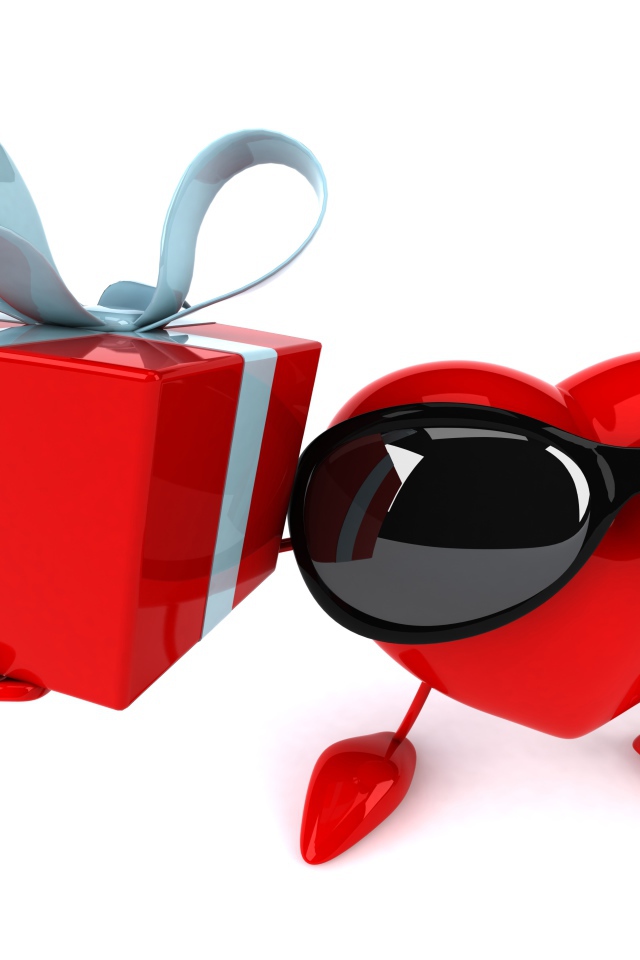 Сердце в черных очках с подарком на белом фоне на 14 февраля