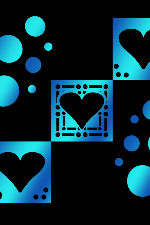 Голубые квадраты с сердечками на черном фоне