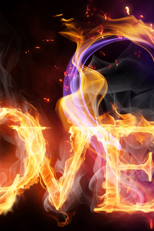 Огненное сердце и надпись любовь на черном фоне