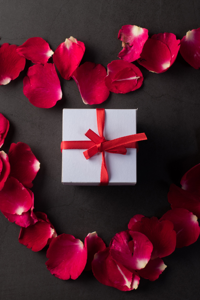 Сердце из красных лепестков розы с подарком на сером фоне